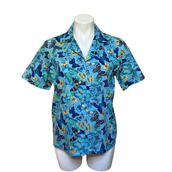 Y2K Women's Whimsical Butterflies Print Button Down Shirt Blue Yellow Small - Picture 1 of 8